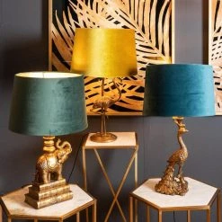 Giftworks GENERAL GIFTS Antique Gold Peacock Table Lamp With Teal Velvet Shade (Pre Order For Early November)