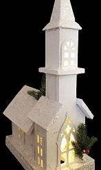 Giftworks CHRISTMAS SHOP WHITE WOODEN CHURCH WITH FENCE AND LED LIGHTS
