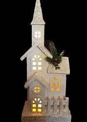 Giftworks CHRISTMAS SHOP WHITE WOODEN CHURCH WITH FENCE AND LED LIGHTS