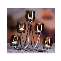Giftworks THE GRANGE COLLECTION METAL CANDLEHOLDER WITH 5-PIECE GREY GLASS CUPS