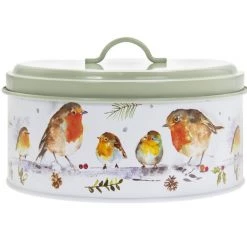 Lesser And Pavey Winter Robins Round Enamel Metal Cake Tin Baking Storage Container