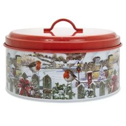 Lesser And Pavey Christmas Robins Round Enamel Metal Cake Tin Baking Storage Container GENERAL GIFTS
